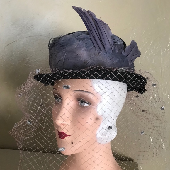 BETMAR Accessories - DRAMATIC VINTAGE BLACK FELT FEDORA - PURPLE FEATHER TRIM & WINGS + DOTTED VEIL